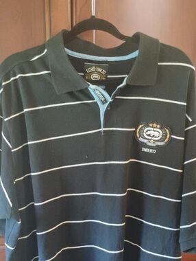 Ecko Unlimited Black Polo with White Stripes and Light Blue Trim